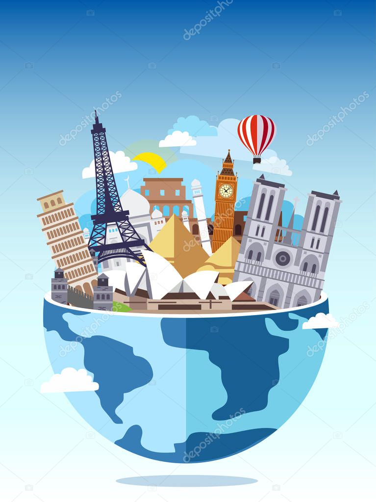 Travel around the world concept. Tourism with famous world landmarks. Vector Illustration. Globe with different touristic destinations buildings