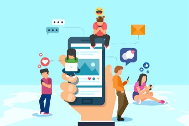 Smartphone renkli vektör tasarımı ile mavi arka plan üzerinde ağ ve dünya çapında iletişim uygulaması kavramı