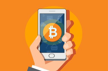 İş adamı el Smartphone ile bitcoin simgesi ekranda tutarak. 