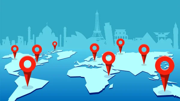Mapa Świata Witryny Pinpoint Znaki Budynkami Tle Pojęcie Transportu Komunikacji — Wektor stockowy