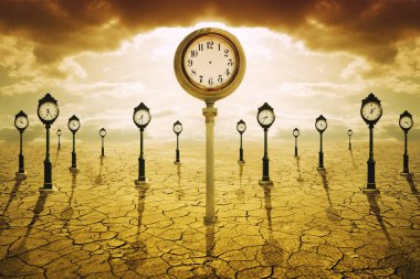 Time after death concept. Clock with no hands among many other showing different times  clipart