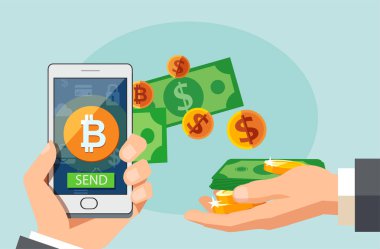 Şifreleme teknolojisinin düz modern tasarım konsepti, bitcoin değişimi, mobil bankacılık. Bitcoin ve dolarlarla el ele tutuşan akıllı telefon geliyor..