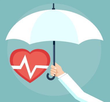 Sağlık sigortası kavramı. Bir şemsiye tutan Doktor kalp koruma. 