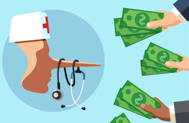 Sağlık dolandırıcılık ve bozuk Doktor kavramı. Dürüst olmayan hekim fazla el ile para arıyor.   