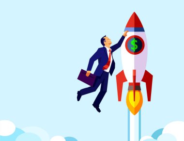 Vektör bir roket üzerinde uçan iş adamı.