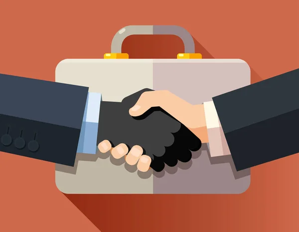 Handshake of corrupt business men on a briefcase background. Flat design modern vector illustration concept.