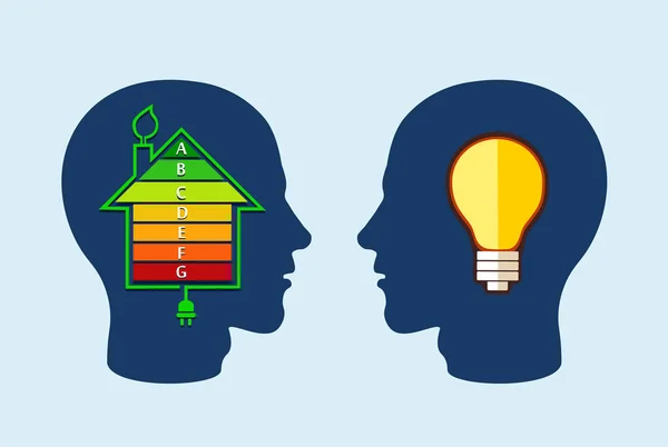 Energieeffizientes Hauskonzept Mit Klassifikationsdiagramm Und Idee Glühbirne Zwei Männerköpfen — Stockvektor