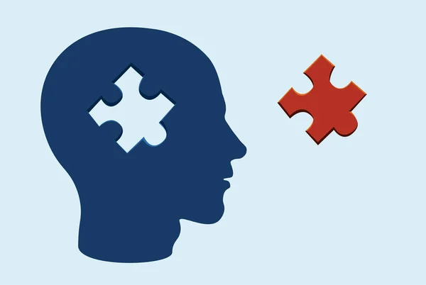 Puzzle Kopf Gehirn Konzept Mit Einem Puzzleteil Ausgeschnitten Auf Blaugrauem — Stockvektor