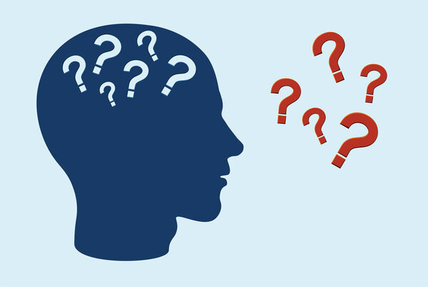 Концепция нарушения когнитивной функции. Боковой профиль головы человека с вопросительными знаками
 