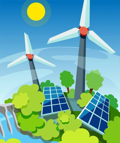 Energía Verde Paneles Solares Generadores Eólicos Estación Hidroeléctrica Concepto Tecnología — Vector de stock