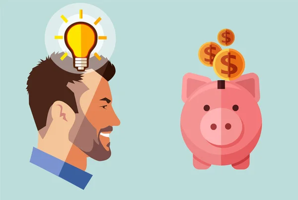 お金で貯金箱を探しているアイデアと流行に敏感なひげ実業家 金融の概念 現代的なスタイルのソフト青着色背景 — ストックベクタ