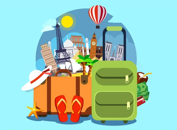 Tourism Famous World Landmarks Vector Illustration Travel Bags Different Touristic — Stock Vector