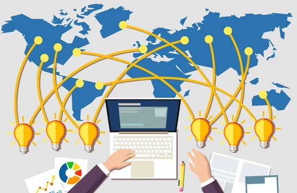 建立网上商业概念 工作场所和许多想法灯泡来自世界各地 坐在办公桌前的商人笔记本电脑 — 图库矢量图片