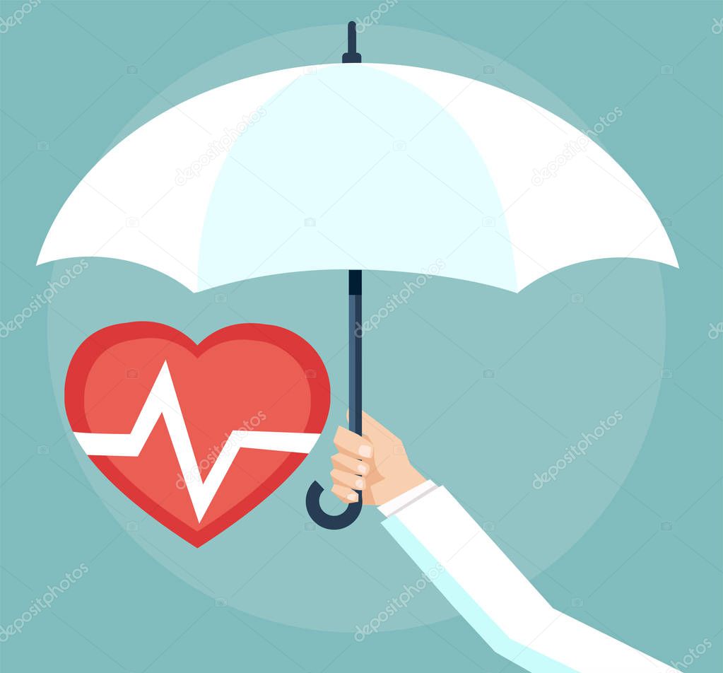 Health insurance concept. Doctor holding an umbrella, protecting the heart. 