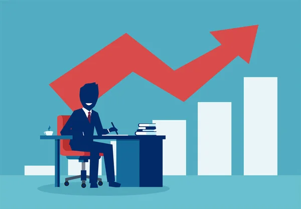 Exitoso Hombre Negocios Trabajando Escritorio Con Gráfico Flecha Roja Creciendo — Archivo Imágenes Vectoriales