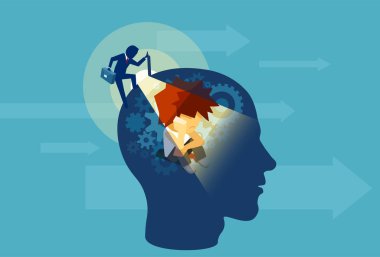 Vector of an business adult man opening a human head with a child subconscious mind sitting inside  clipart