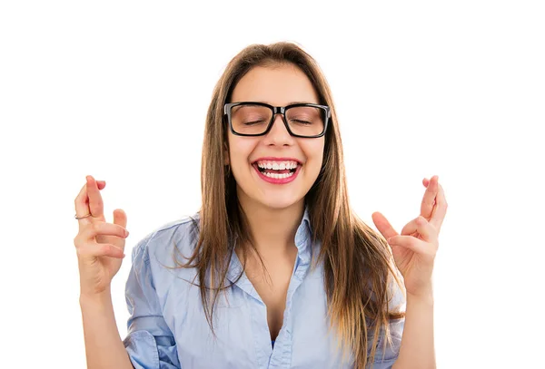 Joven Mujer Esperanzada Gafas Cerrando Los Ojos Pidiendo Deseo Mientras — Foto de Stock