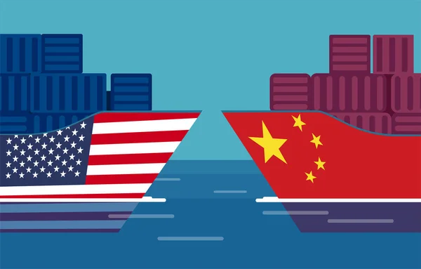 中国与美国贸易战的概念 两艘货船的矢量 进出口税 — 图库矢量图片