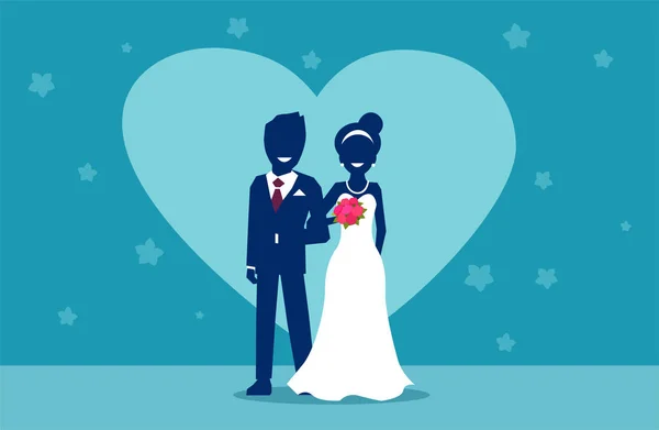 Düz Stil Vektör Süslü Giyinmiş Damat Gelin Düğün Mavi Arka — Stok Vektör