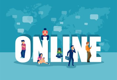 Online bağımlılığı kavramı. Vektör grup insan mobil araçlar için sosyal ağ kullanma. 