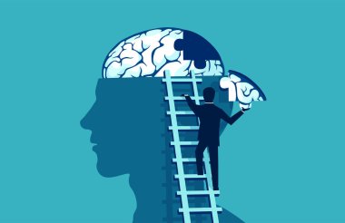 Brain puzzle vector concept. Business man climbing up the stairs reaching human head to add piece of brain puzzle.  clipart