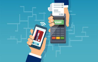 Mobil ödeme web afiş kavramı. Nfc teknolojisi Smartphone ile ödeme. Düz tasarlamak vektör.