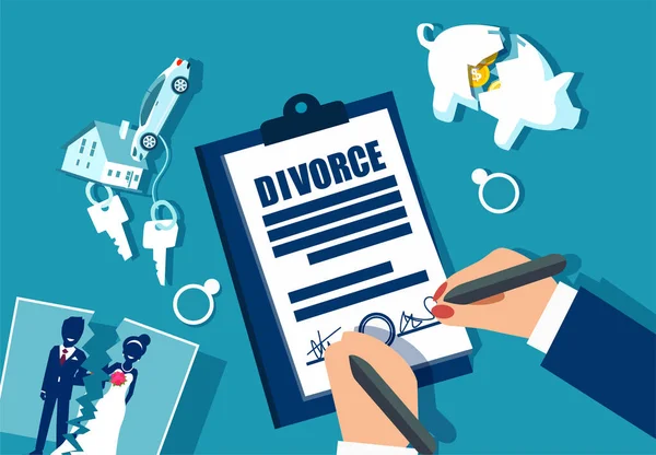 Divorcio Propiedad Divison Concepto Vector Con Alcancía Casa Coche Matrimonio — Vector de stock