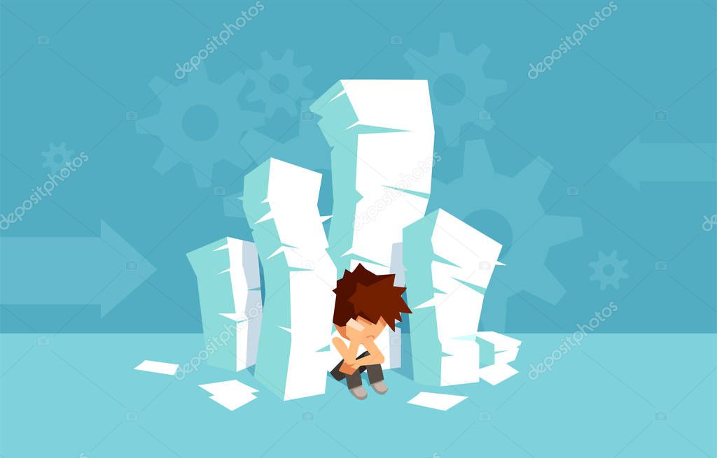 Vector of a pile of books and sad verwhelmed student sitting on the floor. Too much to study education concept. 