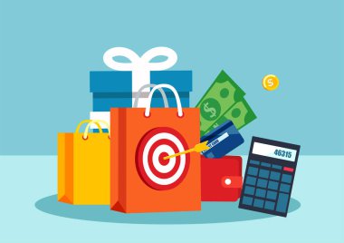 Alışveriş promosyon kavramı. Vektör alışveriş torbaları hesap makinesi ve müşteri iskonto 