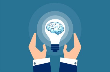 Vektör işadamı el ve bir büyük ampul beyin. Parlak iyi fikir kavramı. 