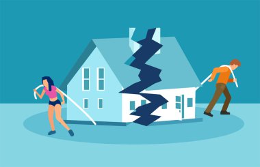 Divorce and marriage problems vector concept. Man and a woman are dragging apart their half of the house. clipart