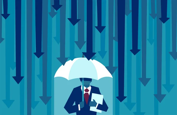 Risk Averse Vector Businessman Umbrella Resisting Protecting Himself Falling Arrows — Stock Vector