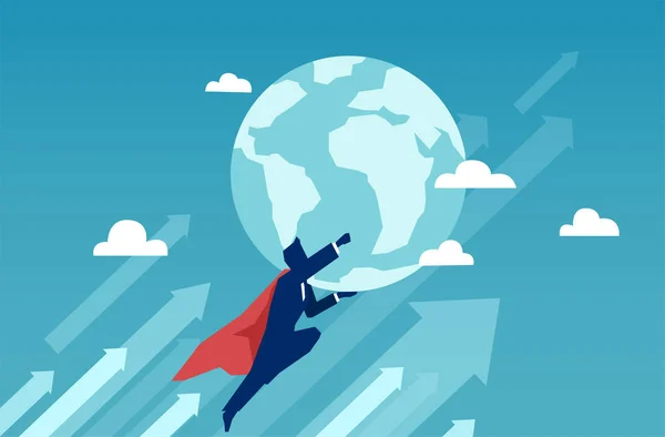 飛んで押し続ける地球のスーパー ヒーロー実業家のベクトル — ストックベクタ