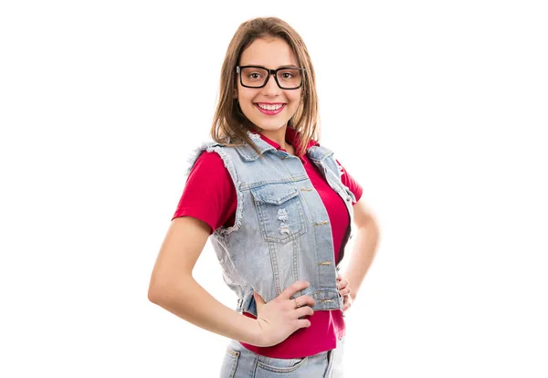 Pretty Teenage Woman Eyeglasses Denim Vest Looking Proud Standing Confidently — Stock Photo, Image