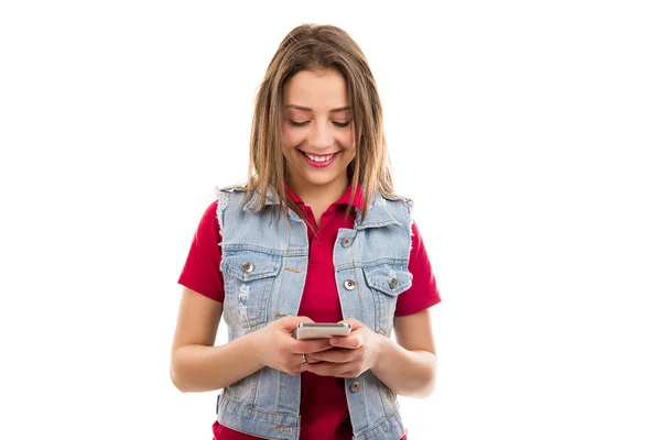 Joven Chat Por Sms Con Smartphone Buscar Happy Aislado Sobre — Foto de Stock