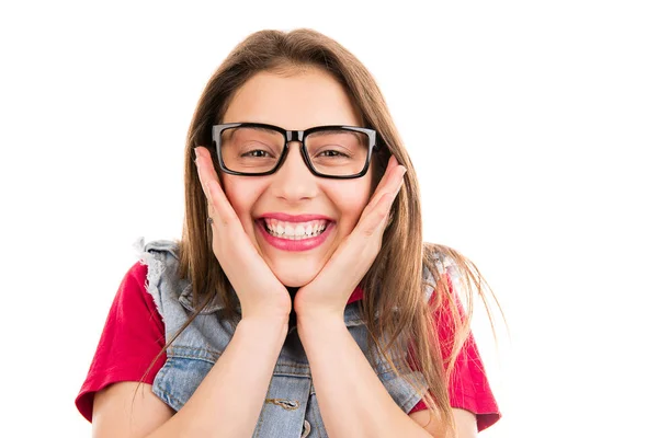 Feliz Joven Guay Mujer Gafas Tocando Mejillas Emoción Mirando Cámara — Foto de Stock