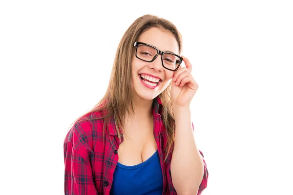 Mujer Adolescente Bastante Feliz Gafas Camisa Cuadros Mirando Cámara Aislada — Foto de Stock