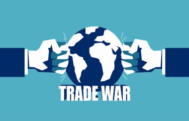 Konsept illüstrasyon mavi zemin üzerine ticaret savaşta eller gezegen çarpıcı kuvvetler karşı karşıya