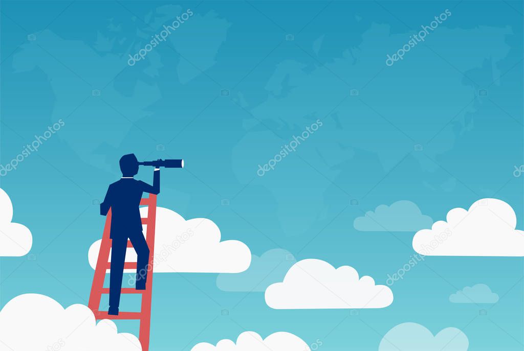 Business vision vector concept with businessman standing on top of ladder above clouds looking for new international opportunities. Symbol of new opportunities, career ladder and success