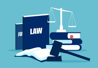 Yasal sistem öğelerine kitaplar ve mavi arka plan üzerinde ölçekler basit tasarımı