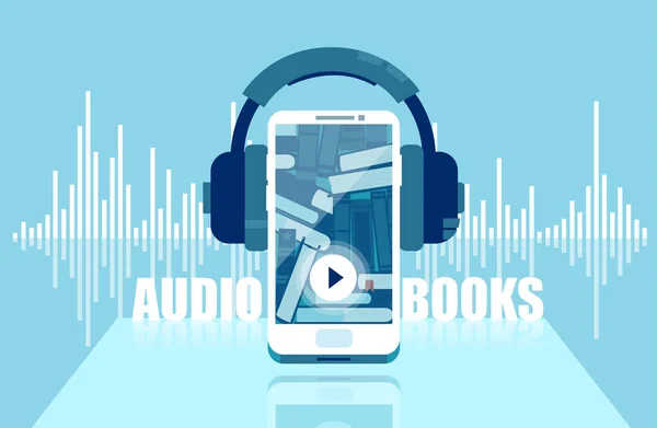 Projeto Liso Azul Livros Com Fones Ouvido Telefone Celular Para —  Vetores de Stock