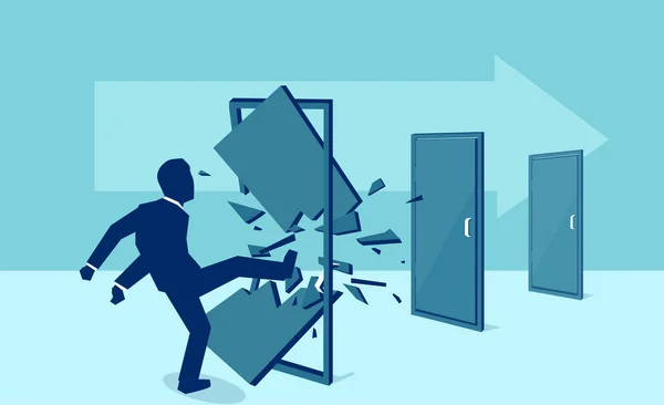 Vector Business Man Kicking Destroying Door One One Eliminating Barrier — Stock Vector