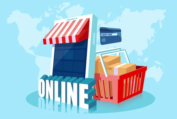 Online Alışveriş Kavramı Alışveriş Sepeti Kredi Kartı Ürün Kutuları Bir — Stok Vektör
