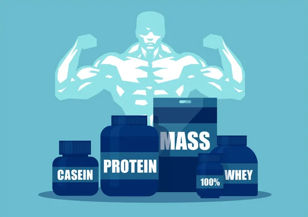 蛋白质鸡尾酒广告的载体 罐的运动营养粉与健美运动员的背景 — 图库矢量图片