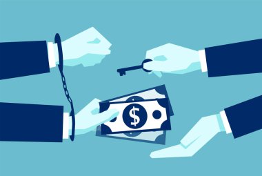 Mavi arka plan üzerinde kilidi kelepçe ile serbest bırakılması karşılığında para veren işadamı düz tasarım