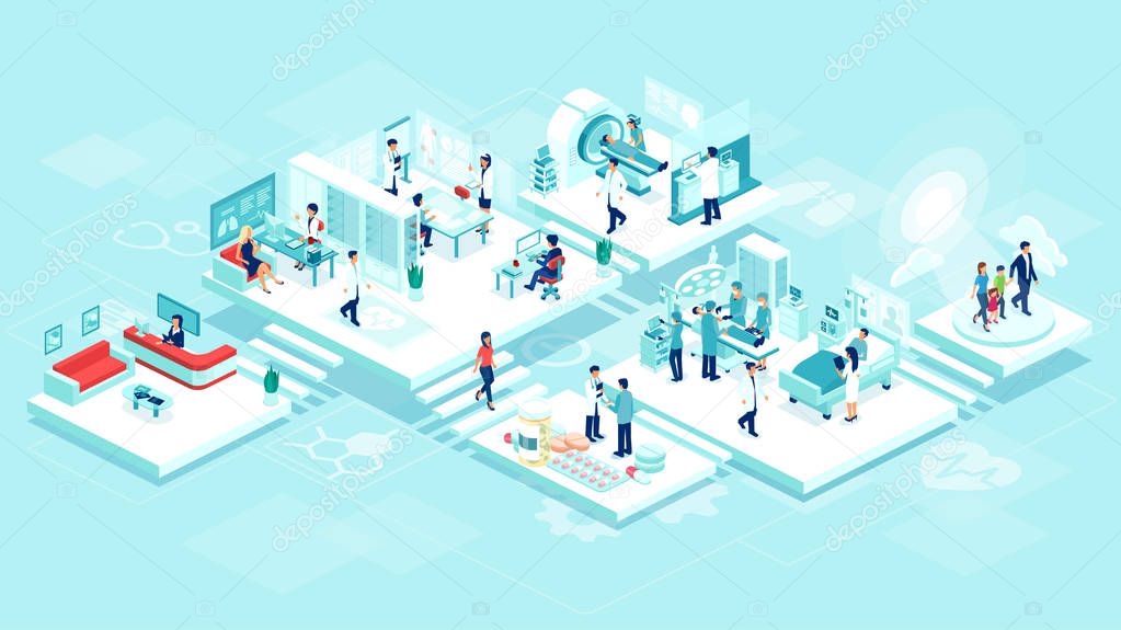 Isometric vector of a medical clinic hospital inpatient care with rooms, patients, doctors and nurses. Healthcare technology and imaging studies concept.