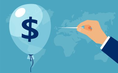 Vektör bir el iğne ile dolar işareti olan balon delip geçiyor. Kavram mali kriz, iflas, gelir kaybı 