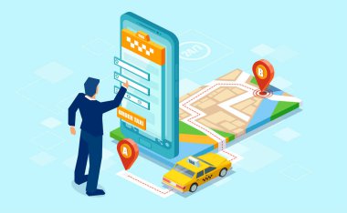 Yaratıcı izometrik tasarım adamın hareket eden app için mavi arka plan üzerinde harita ile taksi çağırmak için kullanma