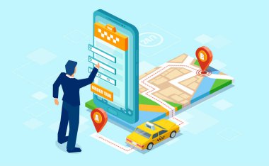 Creative isometric design of man using mobile app to call for taxi with map on blue background clipart