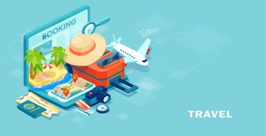 Turizm ve rezervasyon app kavramı. Vektör seyahat ekipman ve Bagaj mobil dizüstü bilgisayar dokunmatik ekran üzerinde